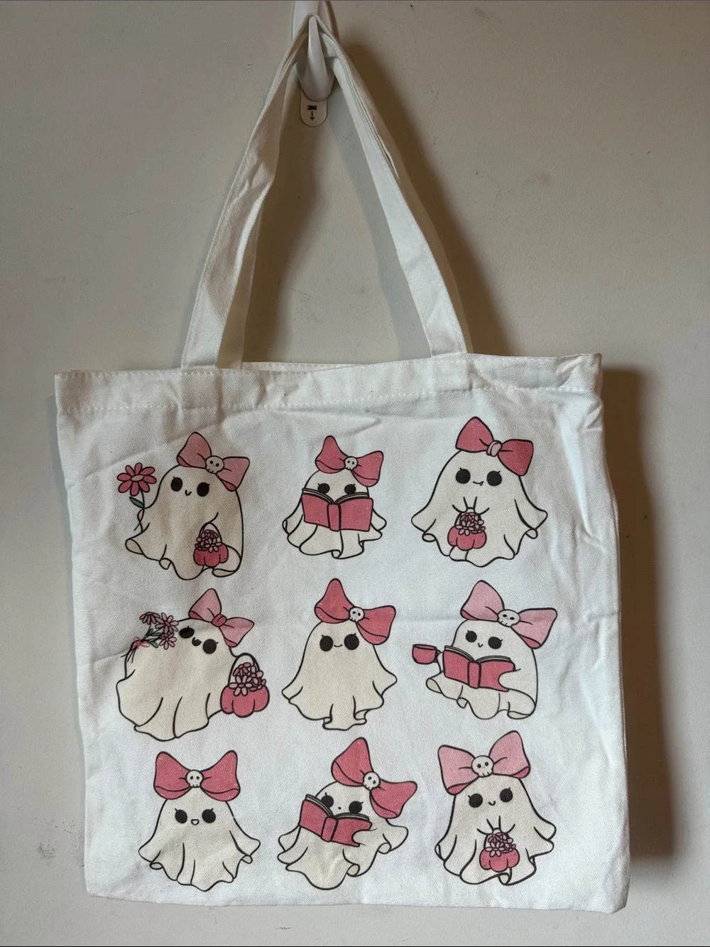 Cute Ghosts Canvas Tote Bag with Pink Bows